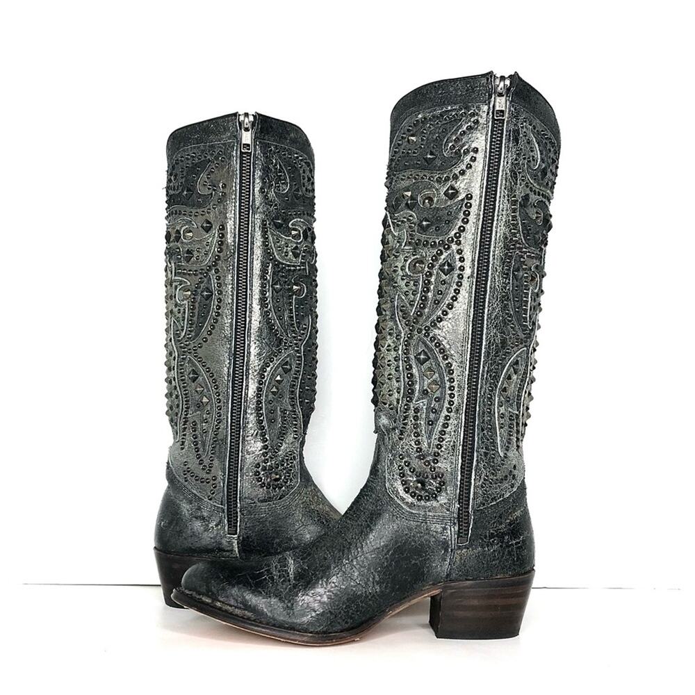 Frye Deborah Deco Tall Studded Distressed Leather Western Boots Women’s 6 Shoes - Picture 6 of 11